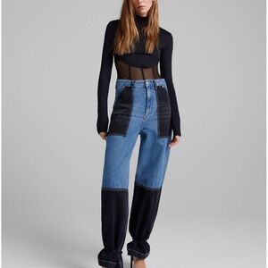 Bershka Two-Tone Blue and Black Patchwork Boyfriend Jeans